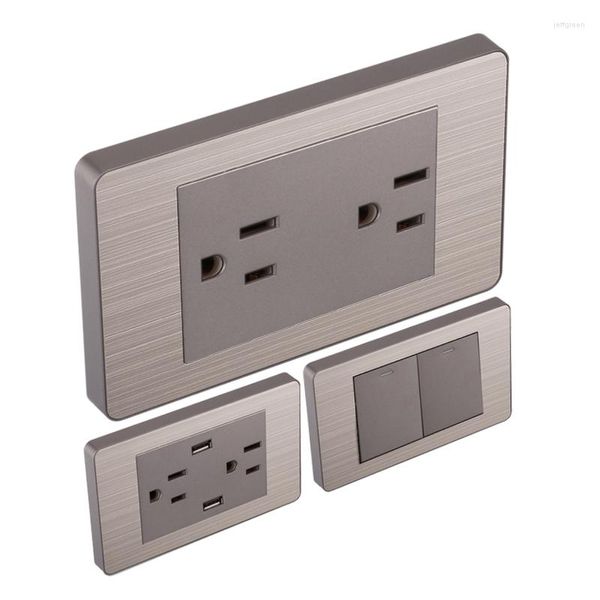 Interruptor de pared de 2 vías de 1 a 4 entradas, enchufe estándar de EE. UU., Panel gris de acero inoxidable cepillado, salida USB para mejora del hogar