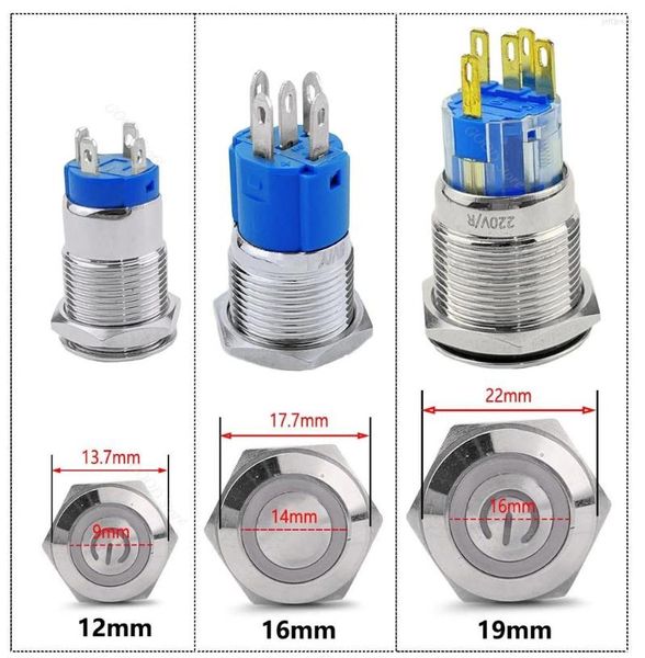 Interrupteur 12/16/19mm étanche métal bouton poussoir lumière LED verrouillage momentané voiture moteur puissance 5V 12V 24V 220V rouge bleu