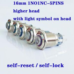 Commutateur 16mm métal bouton poussoir verrouillage momentané étanche lumière LED tête supérieure avec symbole 1NO1NC 5 broches ButtonSwitch