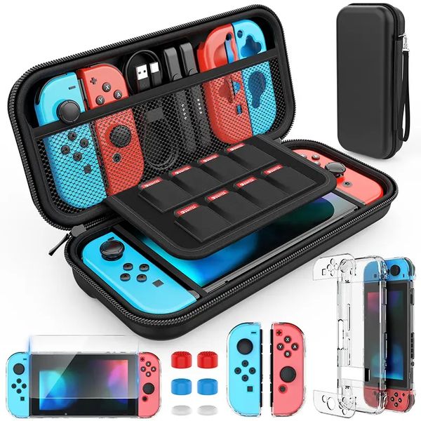 Switch Case Compatible avec Nintendo Switch, Accessoires Switch 9 en 1 avec étui de transport 8 pochettes, Housse de protection PC, Protecteur d'écran HD Switch