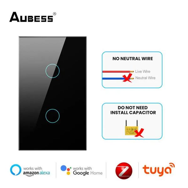 Accessoires de commutateurs Aubess Zigbee commutateur intelligent pas de fil neutre condensateur lumière Tuya vie APP contrôle prend en charge Alexa Google Home 231202