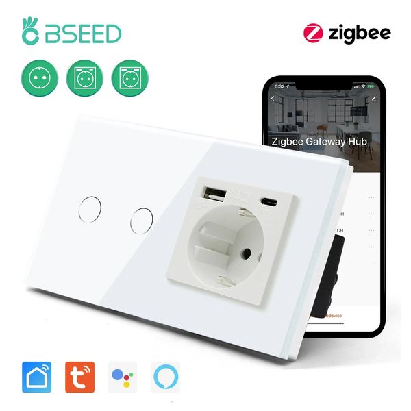 Accessoires de commutateurs BSEED Zigbee Touch 123Gang 1Way sans fil Wifi interrupteur mural intelligent Google Alexa avec prise de courant Standard ue 231202