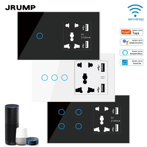 Accessoires de commutateurs JRUMP WIFI ou Zigbee Smart Touch Switch Commande vocale avec alimentation britannique et 2 prises USB 5 trous Fonctionne avec Alexa Echo 231202