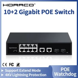 Schakelt Horaco 12 Port Gigabit Poe Switch 2 Port 1000m Uplink Network Switcher 120W Hub Internet Splitter voor IP -camera, Surveillance, NVR