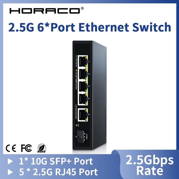 Switches Horaco 2.5G Ethernet Switch 5 Puerto 2500Mbps Switcher de red 10G SFP Uplink Hub Splitter Auto/MDIX Enchip y reproducción