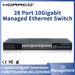 Commutateurs Horaco 28 Interrupteur Ethernet géré par le port L3 10Gigabit Up-lik-link nework switcher 1000Mbps 24 port splitter Internet 1u rackmount