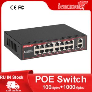 Switches Ienron Poe 18 Port Gigabit Switch 100Mbps POE+1000 Mbps Uplinks 802.3 AF/AT NETWERK Ethernet voor IP -camera/draadloze AP/NRV
