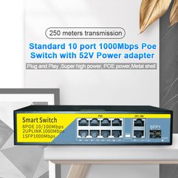 Commutateurs IenronLink 52V Gigabit Ethernet Switch 8 + 2 Port 100/1000Mbps SFP Hub Network Samrt Poe Switch pour Home Office / IP Camera / WiFi AP