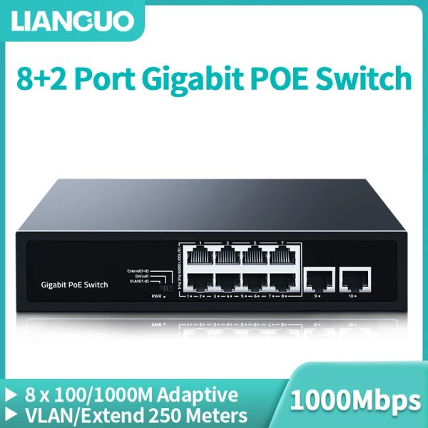 Switches Lianguo 8 Port Gigabit Poe Switch 2 Port 1000m Uplying Networking Switcher Hub Internet Splitter Pild and Play pour la surveillance