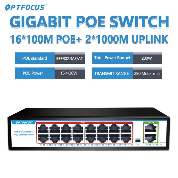 Commutateurs Optfocus 16 ports Poe Switch 52V 200W 802.3af à 10/100/1000Mbps Poe Commutateurs réseau 16 Portas Poe + Gigabit Hub Interrupteur