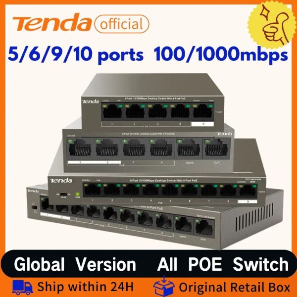 Commutateurs Poe Switch Ethernet Switch Tenda 5/6/9/10 Port 10/100 Mbps Réseau Poe Fast Switch 63W Alimentation pour la caméra IP AP sans fil