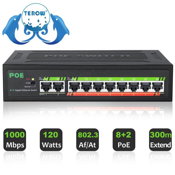 Commutateurs terow gigabit poe commutateur 10 ports Ethernet switcher 1000Mbps 8 Poe +2 UpLinks IEEE802.3af / à 120W alimentation intégrée pour la caméra IP