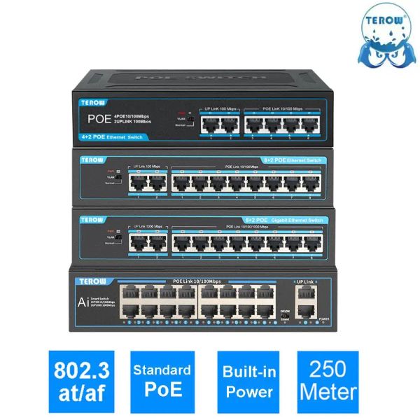 Commutateurs Terow Poe Switch 4/8/16 PORTS 100/1000 MBPS GIGABIT Network Ethernet 802.3 AF / AT AT VLAN RJ45 Switch pour la caméra IP / AP / NRV sans fil