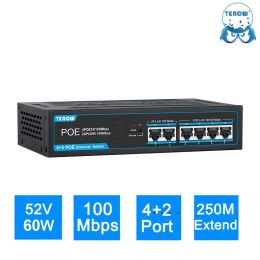 Switchs Terow Poe Switch 4 PoE + 2 UpLink 100Mbps Fast Ethernet Network 250m VLAN Isolation Series Connect Power pour la caméra IP / AP sans fil