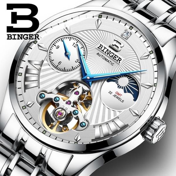 Suisse BINGER Tourbillon Montre Mécanique Automatique Hommes Phase de Lune Bande En Acier Saphir Lumineux Étanche Horloge Braceletwa265d