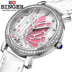 Suisse Binger Women's Watchs Fashion Luxury Watch Strap en cuir Quartz Butterfly Diamond-bracelettes B-3019L