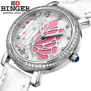 Zwitserland Binger Dameshorloges mode luxe horloge lederen band Quartz vlinder diamant polshorloges B-3019L 337T