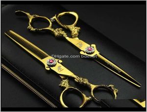 Swivel Shears 6DOT0quot 2pcs Sharp Dragon Hendle Gold Baper Hair Scissors Set Salon Snijden Dunner wordende schaar kappers Flat T9205898
