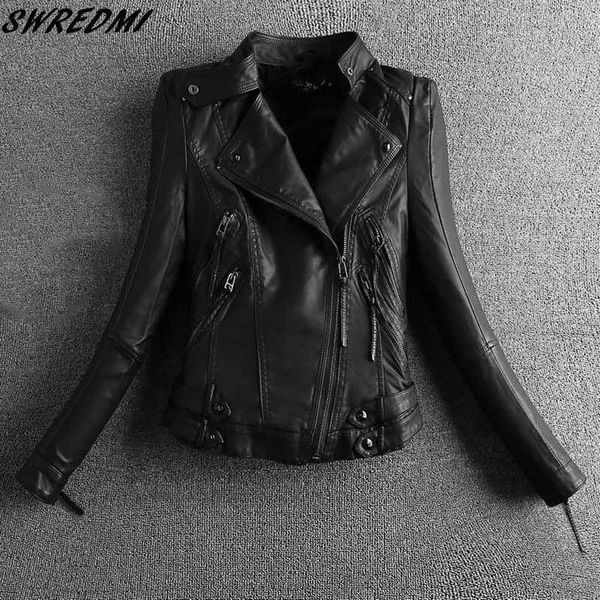 SWREDMI Noir Moto En Cuir Vêtements Court Col Mandarin Dames Daim Femmes Biker Veste En Cuir Manteaux S-4XL 211011