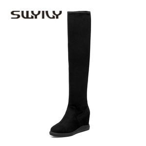 SWYIVY Stretch sur le genou bottes de neige hautes femme Wedge automne hiver chaud velours mode dame chaussures plate-forme neige Boots201103