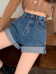 SXL 2Colors Dames denim korte hoge taille vrouwelijke casual zomer dames wijd been rollen een lijn shorts jeans voor 72927 240409
