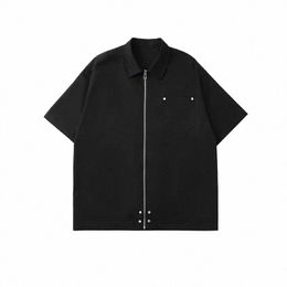 Sycpman surdimensionné américain Vintage noir fermeture éclair à manches courtes chemise hommes femmes Fi ample polyvalent haut Ropa Hip Hop Hombre 50GO #