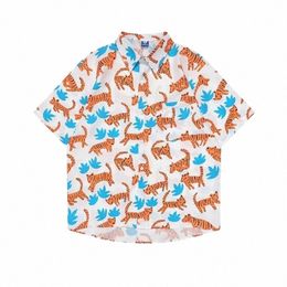 Sycpman surdimensionné chemise décontractée hommes été tigre imprimer étudiants masculins polyvalent lâche couple fi vêtements tendances chemises de plage X3hj #