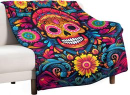 Sydcommerce de azúcar delgada calavera boho lanza una manta decorada con flores y hojas, suave colorido colorido sin costuras y acolchados florales textiles florales