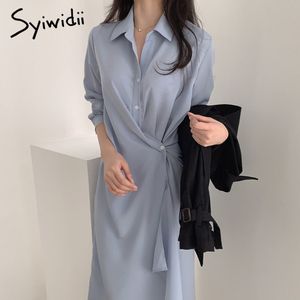 Syiwidii ​​Asymmetrische Jurken Dames Kantoor Dame Koreaanse Lange Mouw Vintage Kleding Blauw Spring Button Turn-Down Collar 210417