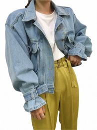 Syiwidii Veste en jean pour femmes lâche simple boutonnage col rabattu manches bouffantes veste en jean vintage coréen fi manteau court f3My #