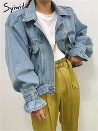 Syiwidii Jacket For Women Loose soltero soltero Girado Down Collar Puff manga Jean Vintage Fashion Crop Coat 240423