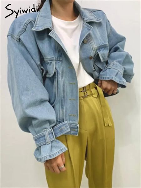Syiwidii Jacket For Women Loose soltero soltero Girado Down Collar Puff manga Jean Vintage Fashion Crop Coat 240430