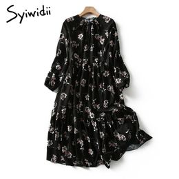 Syiwidii ​​jurk voor vrouwen vintage bloemen print midi casual lange mouw lente zomer imperium plus size zwart elegante jurken 210630