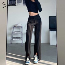 Syiwidii ​​Flare Pant Broek Voorzijde Split Been Straight Dames Werk Koreaanse kleding Streetwear Black Bell Bottom 210608