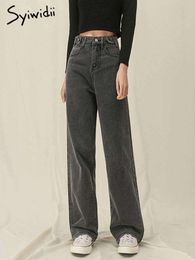 Syiwidii jean taille haute pour femmes Denim Joggers pantalon maman pantalon à lacets bouton pleine longueur droite 2022 mode gris