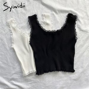 Syiwidii Dentelle Noir Débardeurs pour Femmes Vêtements Crop Top T-shirt Mignon Sexy Blanc Bustier Court Solide Spandex Stretch Tricoté 220325