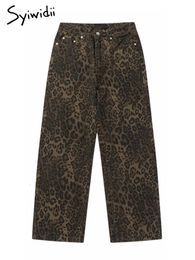 Syiwidii ​​Leopard Imprimé Baggy Jeans pour femmes Retro High Waited Loose Denim Pantal