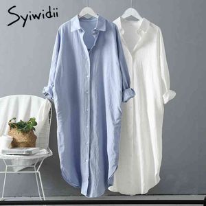 Syiwidii ​​lange witte shirt jurk voor vrouwen lente zomer Koreaanse casual katoen losse midi side split blue plus size jurken 210417