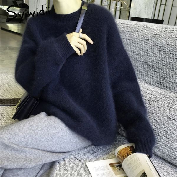 Syiwidii pulls pull en tricot femmes vêtements d'hiver manches chauve-souris fausse fourrure épaissir grande taille coréen haut surdimensionné noir 201130