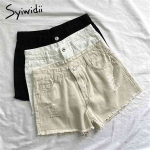 Syiwidii ​​gescheurde Jean Shorts voor vrouwen Hoge taille kleding katoen wit zwart beige uitgesneden kwast gat mode zomer denim 210722