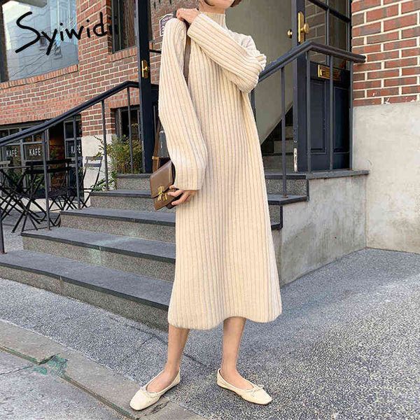 Syiwidii robe pull à col roulé femmes élégantes côtelé décontracté longues robes de pansement tricotées automne hiver 2021 kaki noir Beige G1214