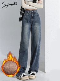 Syiwidii velours épaissir bleu jean pour femmes mode Vintage taille haute jean décontracté ample droite jambe large jean 240125