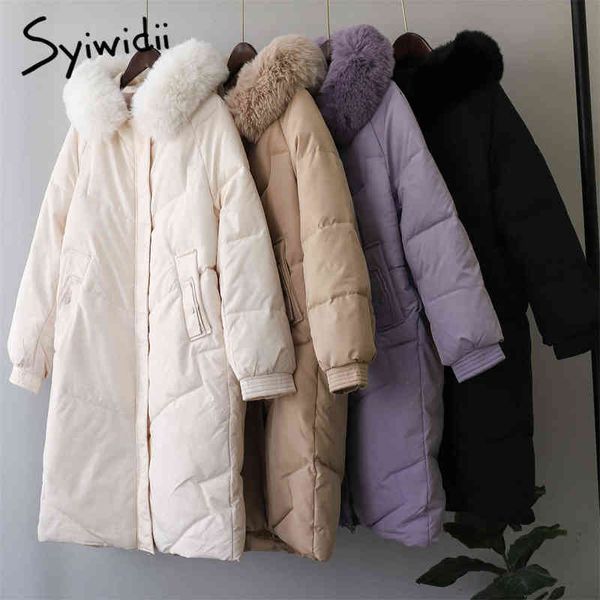 Syiwidii, chaqueta de invierno para mujer, abrigo largo grueso de plumón para mujer, abrigo largo con capucha de piel, Parkas cálidas, ropa de abrigo negra púrpura 211221