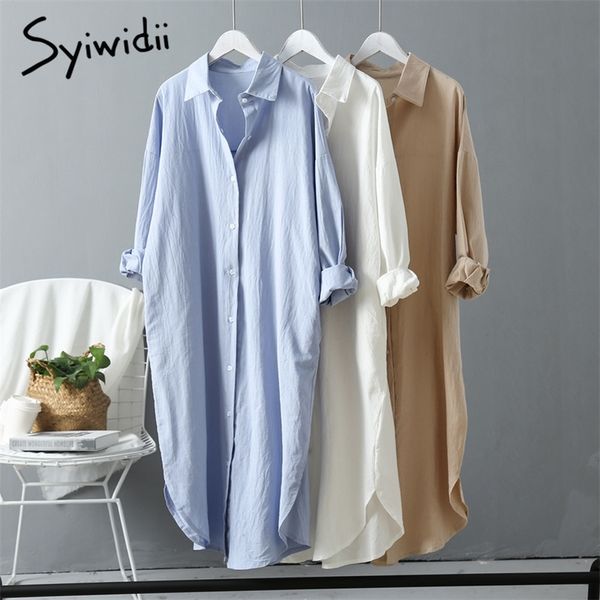 Syiwidii mujer camisa larga vestido de algodón moda coreana ropa blanca de talla grande camisa grande vestidos primavera manga larga suelta 210417