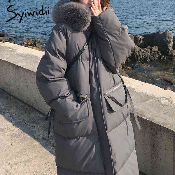 Syiwidii, chaquetas de invierno para mujer, abrigo largo grueso y cálido con cuello de piel, capucha, moda coreana, ropa de abrigo negra de gran tamaño 211130