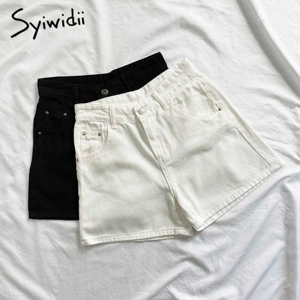 Syiwidii para mujer de cintura alta pantalones cortos de mezclilla Jean verano ropa negra moda blanca sólido 100% algodón cremallera mosca casual 210611