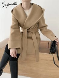 Syiwidii laine mélanges veste pour femmes à lacets à capuche femme veste Vintage décontracté mode coréenne mi Long chaud vêtements d'extérieur 231228