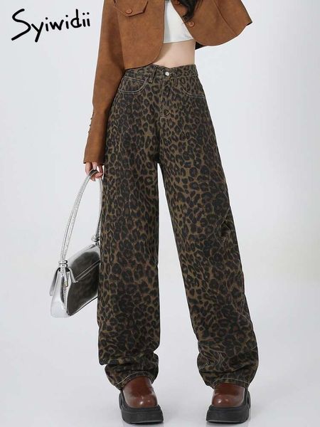 Syiwidii Y2k pantalones vaqueros holgados con estampado de leopardo para mujer de cintura alta estilo coreano ropa de calle pantalones vaqueros holgados de moda Retro