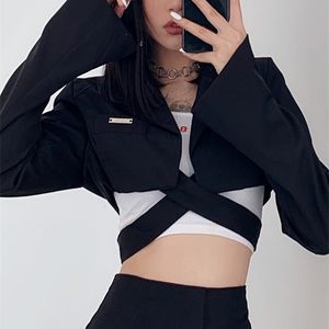 Sylcue Hong Kong Flavour Cool Girl Dark Funeral High Taille Cross Tie Long Sleeve Pak Women All Match Fashion Silm Short Jacket 220818