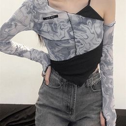 Sylcue Mesh Asymmetrische Yamamoto Mouw T-shirt Sexy Leuke Helling Neck Ruches Mode Herfst Crop Tops Chic 220408